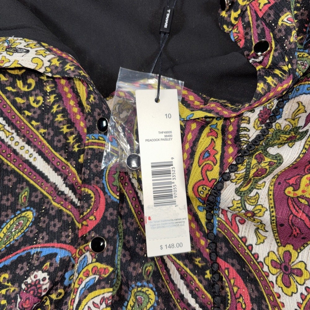 T Tahari Women's Dress Women's 10 Peacock Paisley Button Tiered Cottage Boho New - Picture 11 of 16